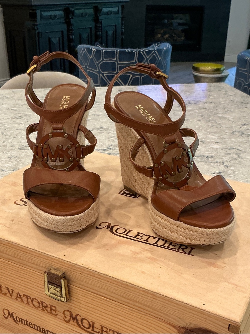 Michael Kors Tan Leather Espadrille Wedge Sandals with MK Medallion